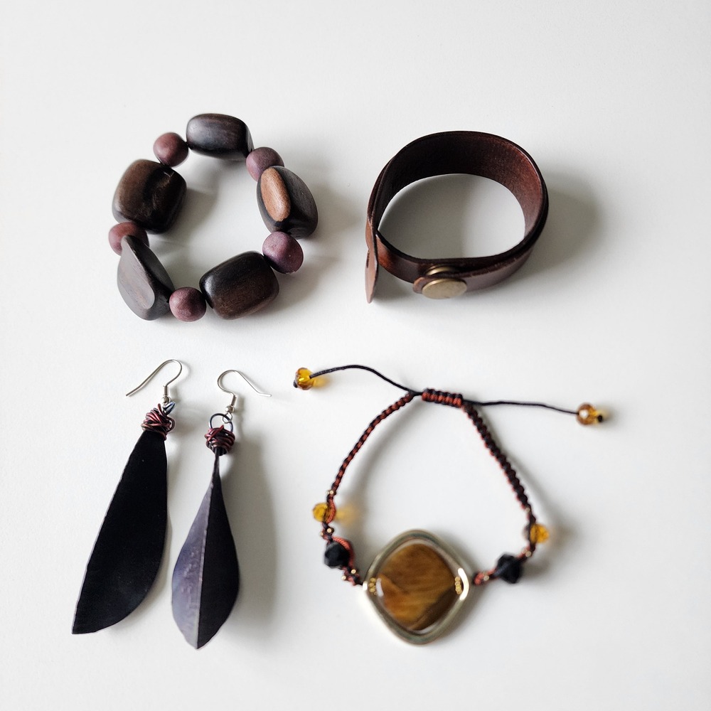 Earthy Jewelry Lot Brown Wood Leather Metal Boho 3 Bracelets 1 Earrings Rustic